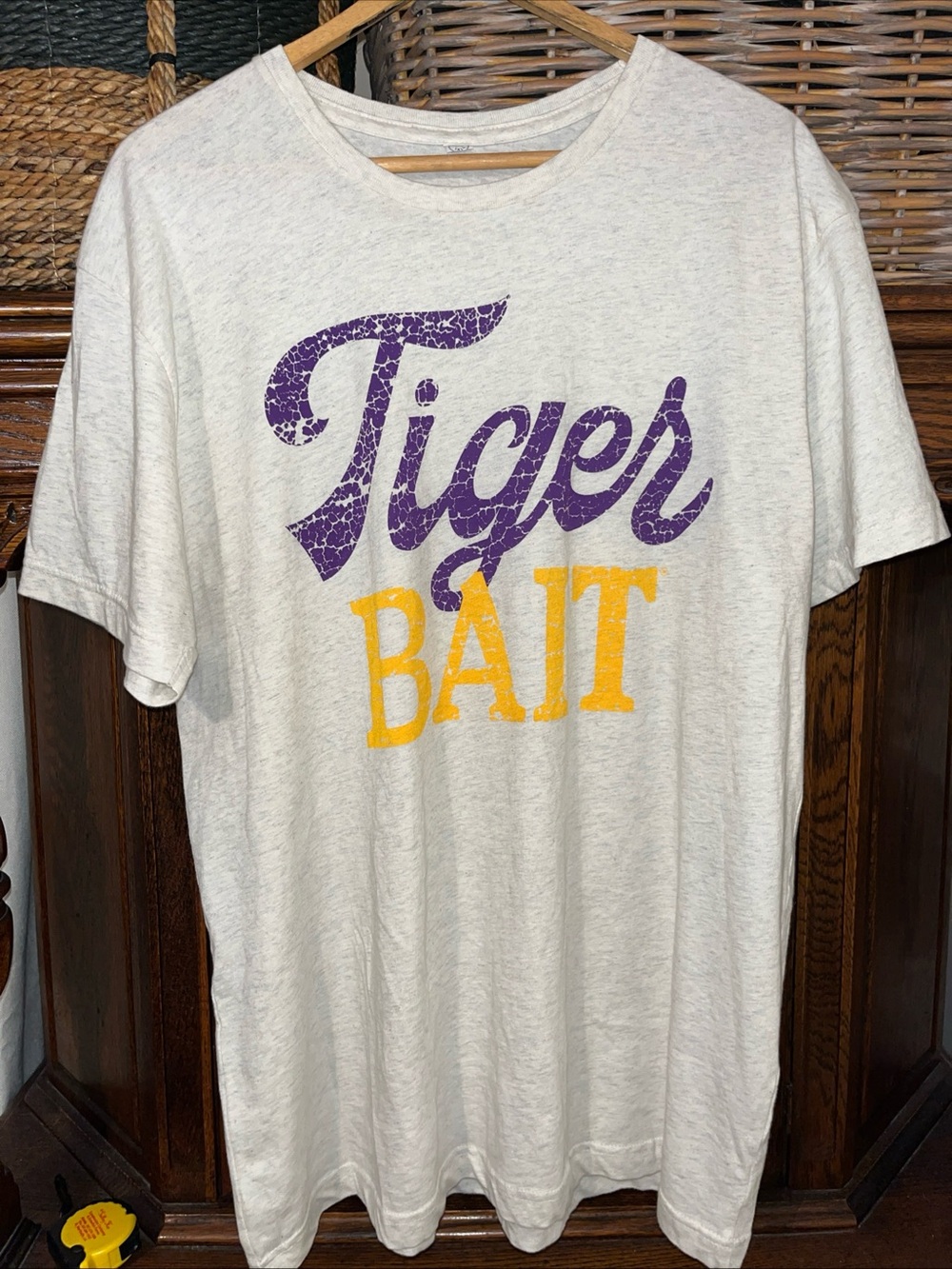 Tiger Bait Short Sleeve Tee in Heather gray with Purple & Yellow Print